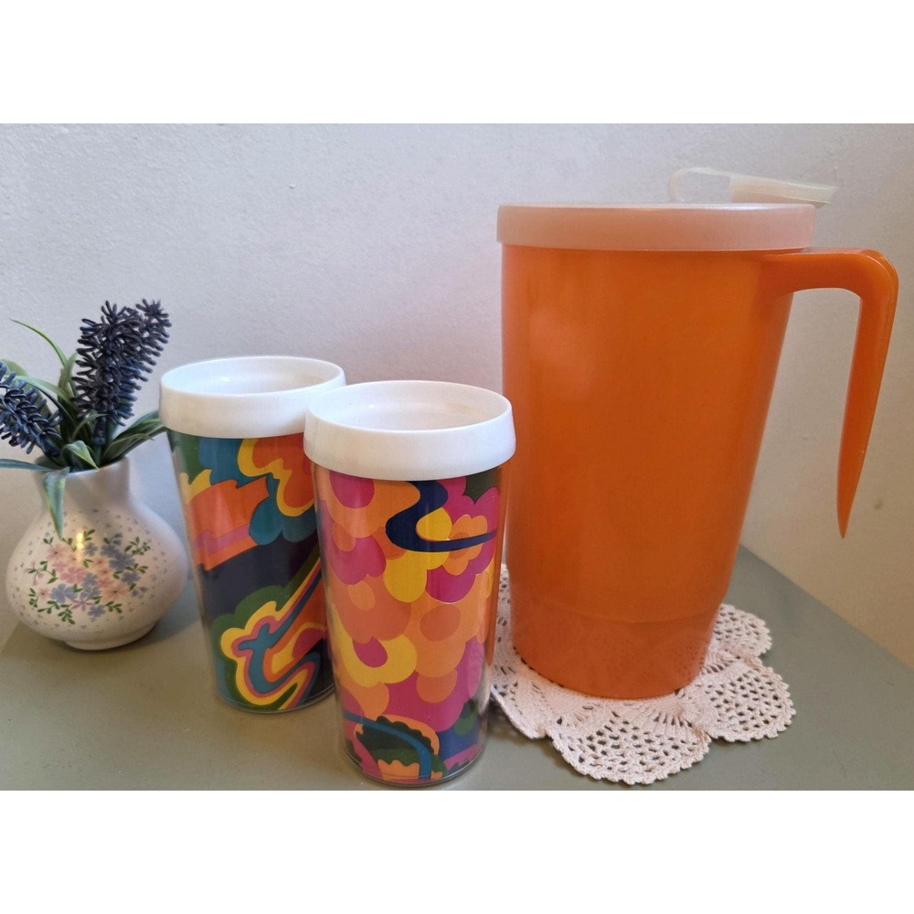 Vintage 1970s Orange Pitcher & Psychedelic Tumblers Flower Power Retro Set